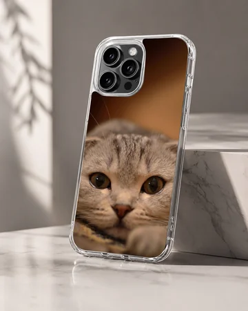 A close-up photographic print of a curious Scottish Fold cat with big amber eyes on a phone case — Hero