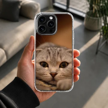 A close-up photographic print of a curious Scottish Fold cat with big amber eyes on a phone case — Lifestyle