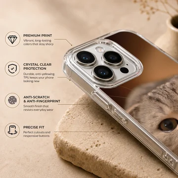 A close-up photographic print of a curious Scottish Fold cat with big amber eyes on a phone case — Info