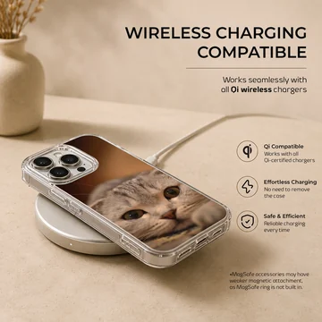 A close-up photographic print of a curious Scottish Fold cat with big amber eyes on a phone case — Charging