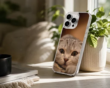 A close-up photographic print of a curious Scottish Fold cat with big amber eyes on a phone case — Lifestyle