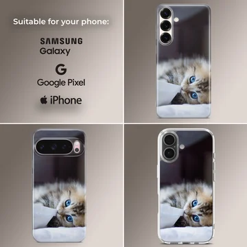 A fluffy kitten with striking blue eyes peeking from under a white blanket on a phone case — Collage
