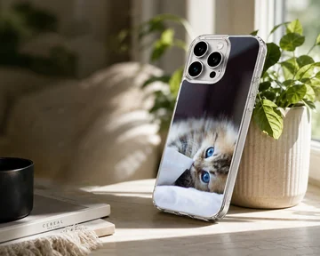 A fluffy kitten with striking blue eyes peeking from under a white blanket on a phone case — Lifestyle