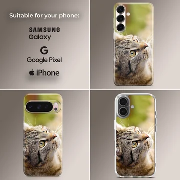 Close-up photographic print of a curious tabby cat looking upward on a phone case — Collage