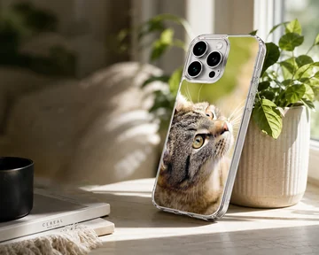 Close-up photographic print of a curious tabby cat looking upward on a phone case — Lifestyle