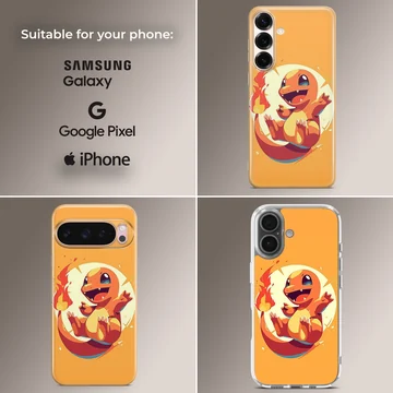 Vibrant orange digital illustration of a cheerful fire dragon character with a glowing flame tail on a phone case — Collage