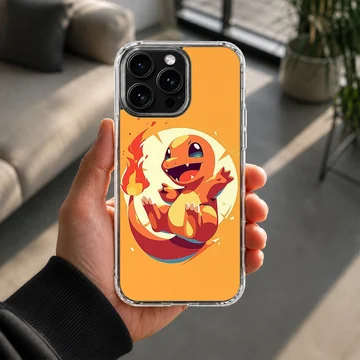 Vibrant orange digital illustration of a cheerful fire dragon character with a glowing flame tail on a phone case — Lifestyle