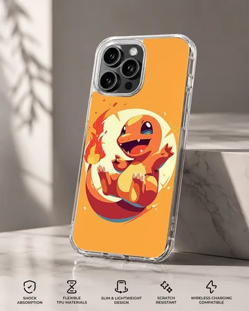 Vibrant orange digital illustration of a cheerful fire dragon character with a glowing flame tail on a phone case — Specs