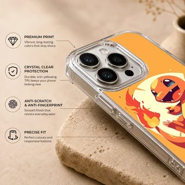 Vibrant orange digital illustration of a cheerful fire dragon character with a glowing flame tail on a phone case — Info