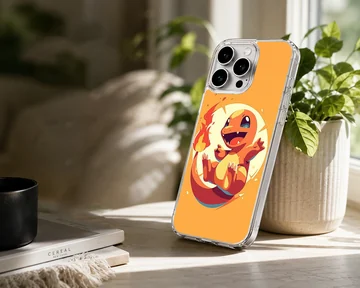 Vibrant orange digital illustration of a cheerful fire dragon character with a glowing flame tail on a phone case — Lifestyle