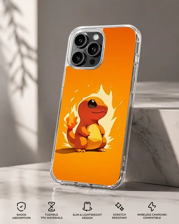 An orange anime fire dragon character with a glowing flame tail on a phone case — Specs