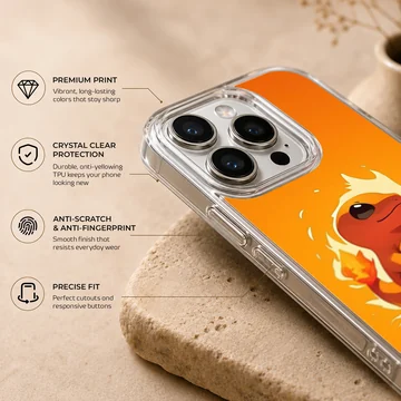 An orange anime fire dragon character with a glowing flame tail on a phone case — Info