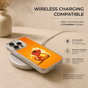 An orange anime fire dragon character with a glowing flame tail on a phone case — Charging