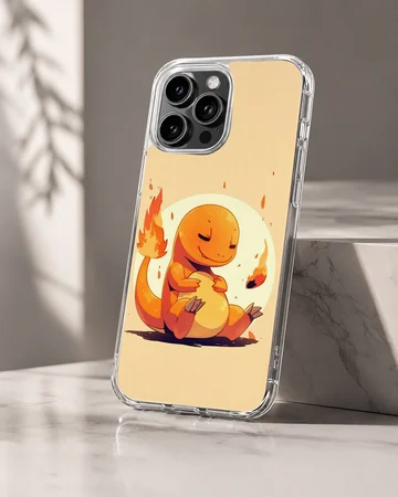 Cute cartoon orange fire dragon sitting with a glowing flame tail on a yellow background phone case — Hero