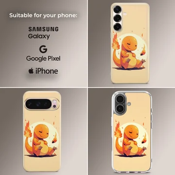 Cute cartoon orange fire dragon sitting with a glowing flame tail on a yellow background phone case — Collage