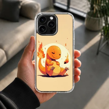 Cute cartoon orange fire dragon sitting with a glowing flame tail on a yellow background phone case — Lifestyle