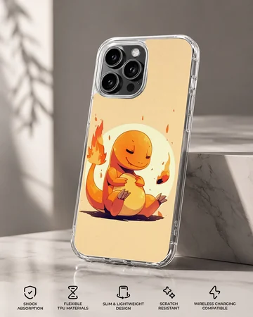 Cute cartoon orange fire dragon sitting with a glowing flame tail on a yellow background phone case — Specs