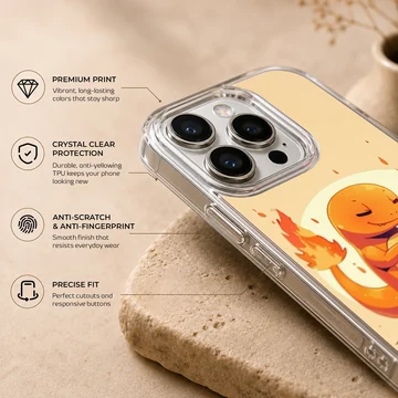 Cute cartoon orange fire dragon sitting with a glowing flame tail on a yellow background phone case — Info