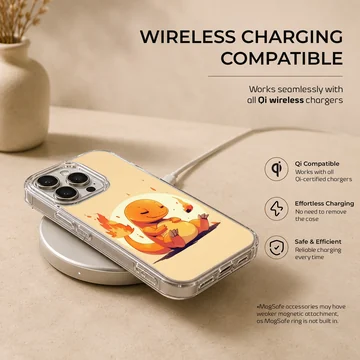 Cute cartoon orange fire dragon sitting with a glowing flame tail on a yellow background phone case — Charging
