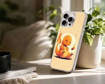 Cute cartoon orange fire dragon sitting with a glowing flame tail on a yellow background phone case — Lifestyle