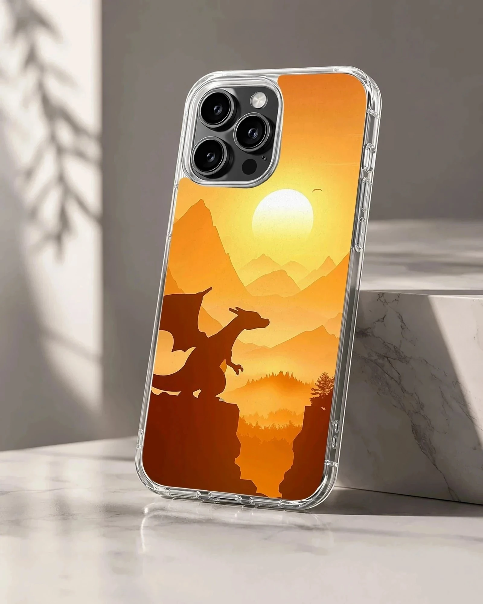 Digital illustration of a winged dragon silhouette perched on a cliff at sunset phone case