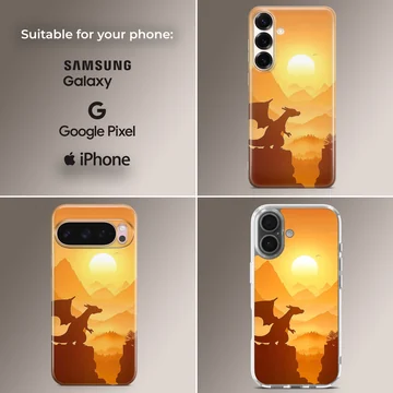 Digital illustration of a winged dragon silhouette perched on a cliff at sunset phone case — Collage