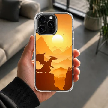 Digital illustration of a winged dragon silhouette perched on a cliff at sunset phone case — Lifestyle