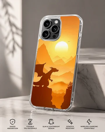 Digital illustration of a winged dragon silhouette perched on a cliff at sunset phone case — Specs