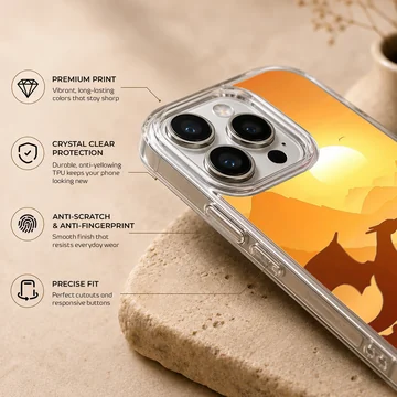 Digital illustration of a winged dragon silhouette perched on a cliff at sunset phone case — Info