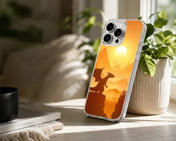 Digital illustration of a winged dragon silhouette perched on a cliff at sunset phone case — Lifestyle