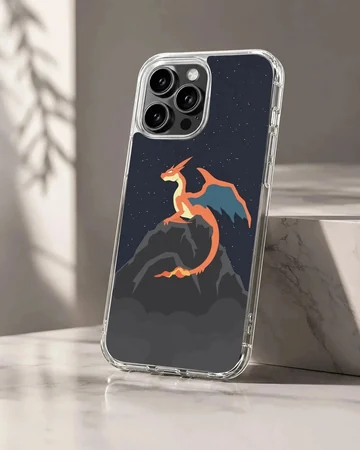Charizard fire dragon perched on a mountain peak under a starry night sky phone case