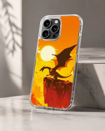 Digital illustration of a fire breathing dragon perched on a cliff against a bright orange sun background phone case — Hero