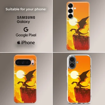 Digital illustration of a fire breathing dragon perched on a cliff against a bright orange sun background phone case — Collage