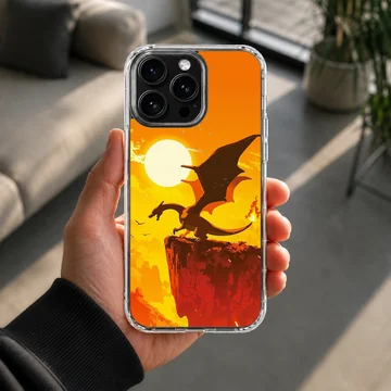 Digital illustration of a fire breathing dragon perched on a cliff against a bright orange sun background phone case — Lifestyle