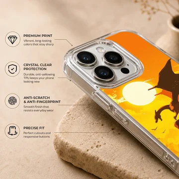 Digital illustration of a fire breathing dragon perched on a cliff against a bright orange sun background phone case — Info