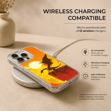 Digital illustration of a fire breathing dragon perched on a cliff against a bright orange sun background phone case — Charging