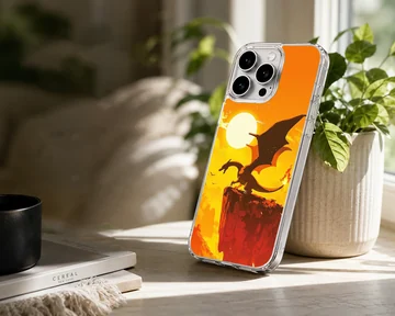 Digital illustration of a fire breathing dragon perched on a cliff against a bright orange sun background phone case — Lifestyle
