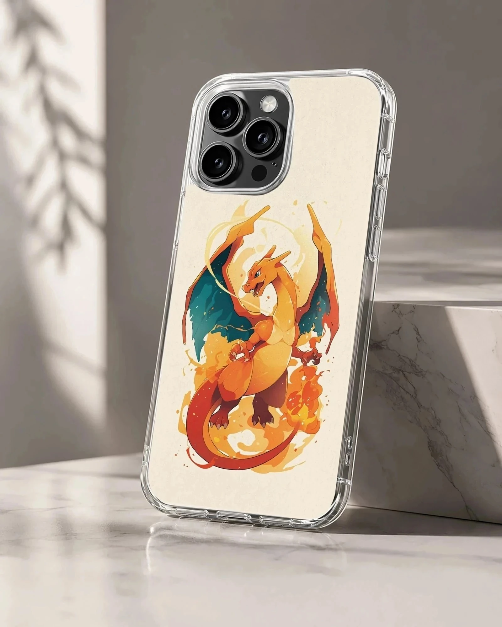 Digital illustration of an orange fire-breathing dragon with blue-lined wings on a phone case