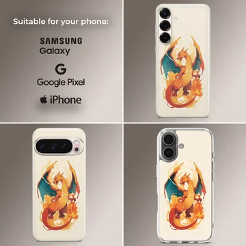 Digital illustration of an orange fire-breathing dragon with blue-lined wings on a phone case — Collage