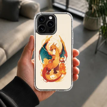 Digital illustration of an orange fire-breathing dragon with blue-lined wings on a phone case — Lifestyle