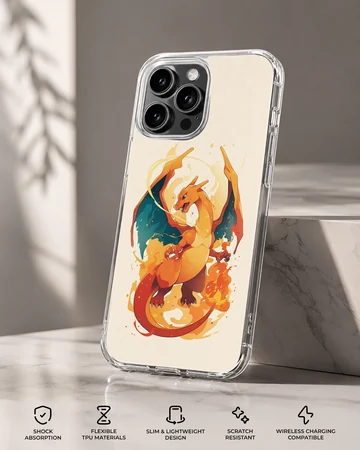 Digital illustration of an orange fire-breathing dragon with blue-lined wings on a phone case — Specs