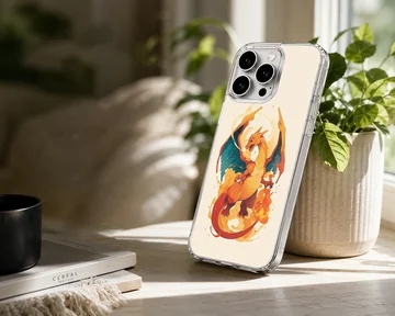 Digital illustration of an orange fire-breathing dragon with blue-lined wings on a phone case — Lifestyle