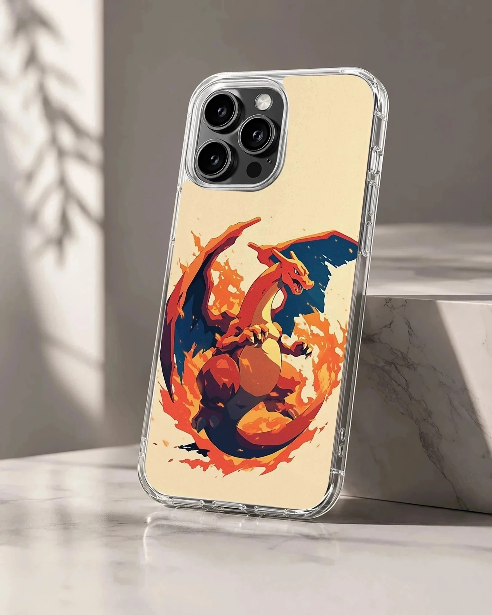 Digital illustration of a fierce flame-breathing dragon surrounded by fire on a matte phone case
