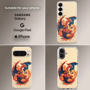 Digital illustration of a fierce flame-breathing dragon surrounded by fire on a matte phone case — Collage