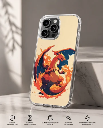 Digital illustration of a fierce flame-breathing dragon surrounded by fire on a matte phone case — Specs