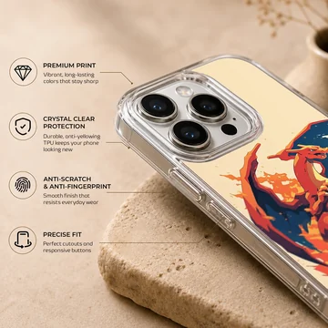 Digital illustration of a fierce flame-breathing dragon surrounded by fire on a matte phone case — Info