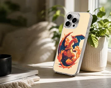 Digital illustration of a fierce flame-breathing dragon surrounded by fire on a matte phone case — Lifestyle