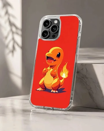 A cute orange fire dragon character with a flaming tail on a bold red background phone case