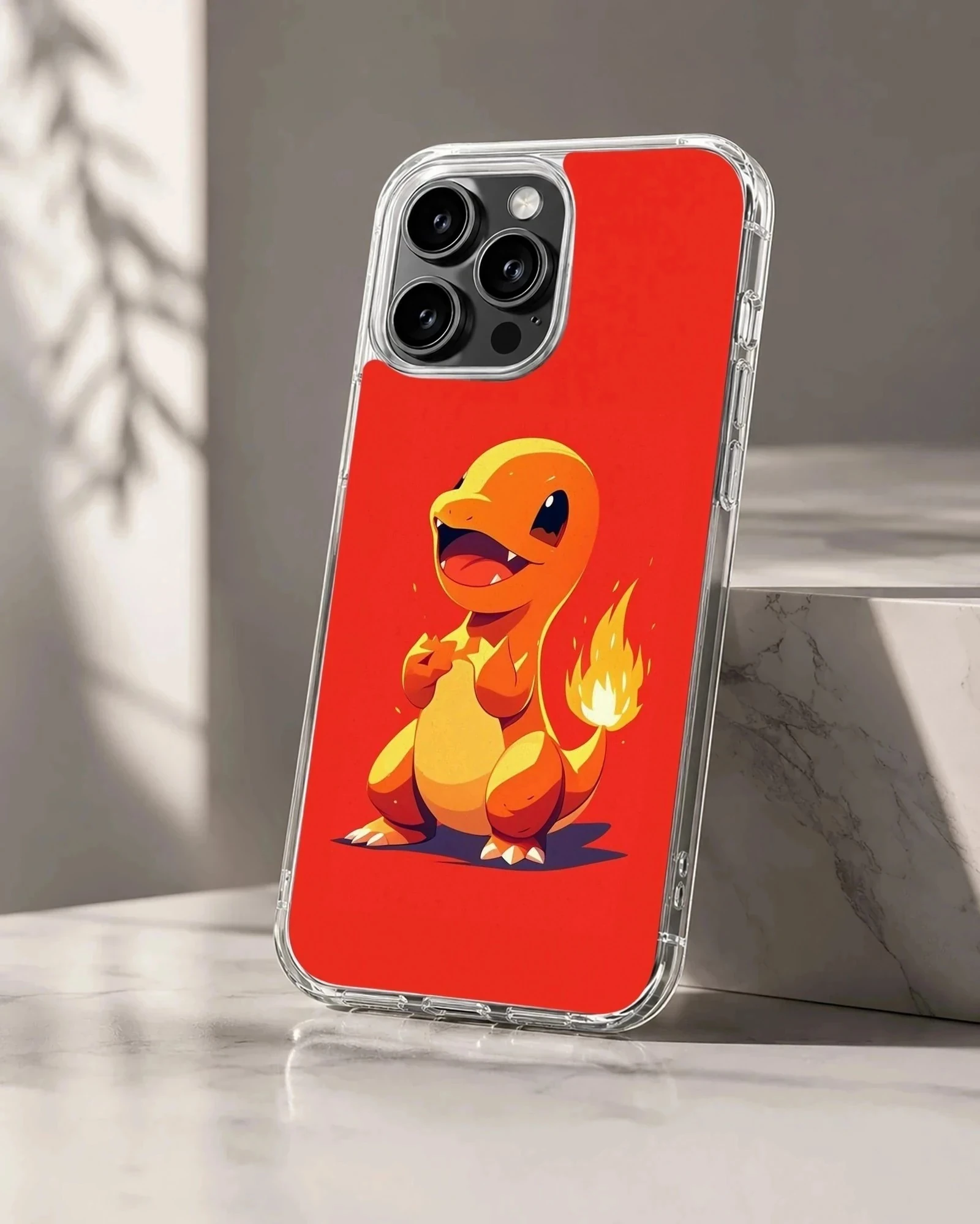 A cute orange fire dragon character with a flaming tail on a bold red background phone case
