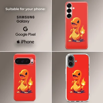 A cute orange fire dragon character with a flaming tail on a bold red background phone case — Collage